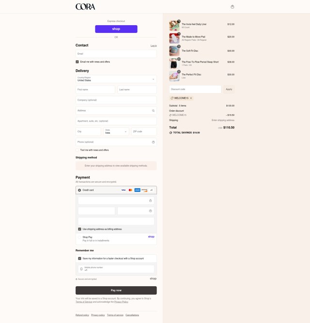 Cora checkout page showing Cora discount code box | Screenshot taken by SimplyCodes community member on Sep 4, 2025