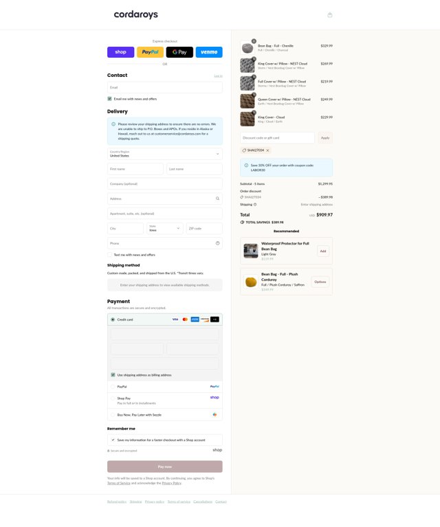 CordaRoys checkout page showing CordaRoys discount code box | Screenshot taken by SimplyCodes community member on Sep 2, 2025