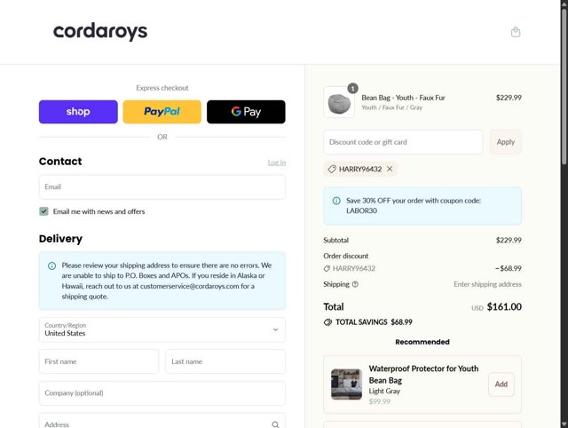 CordaRoys checkout page showing CordaRoys discount code box | Screenshot taken by SimplyCodes community member on Sep 3, 2025