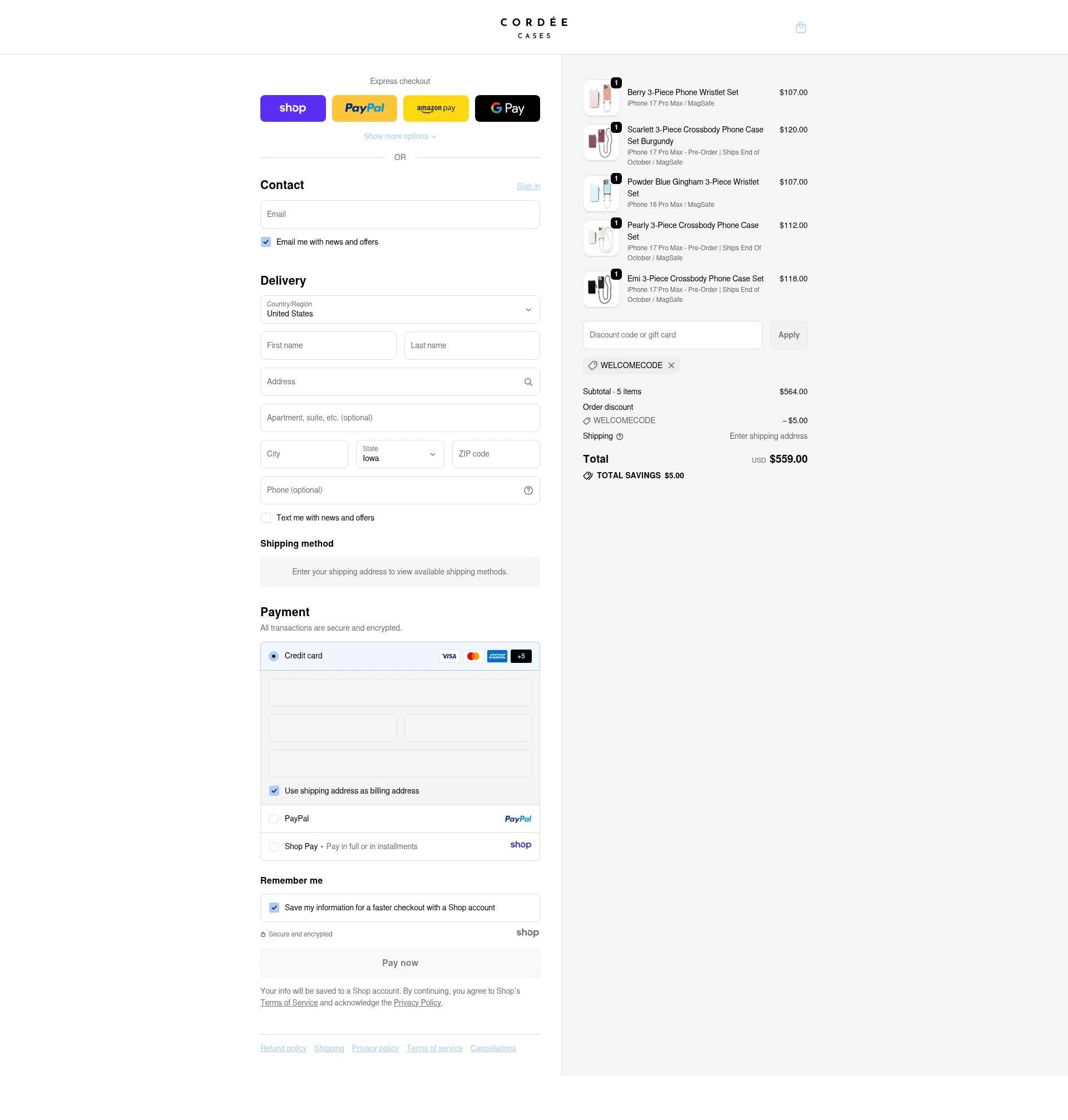 Cordee Cases checkout page showing Cordee Cases promo code box | Screenshot taken by SimplyCodes community member on Nov 10, 2025