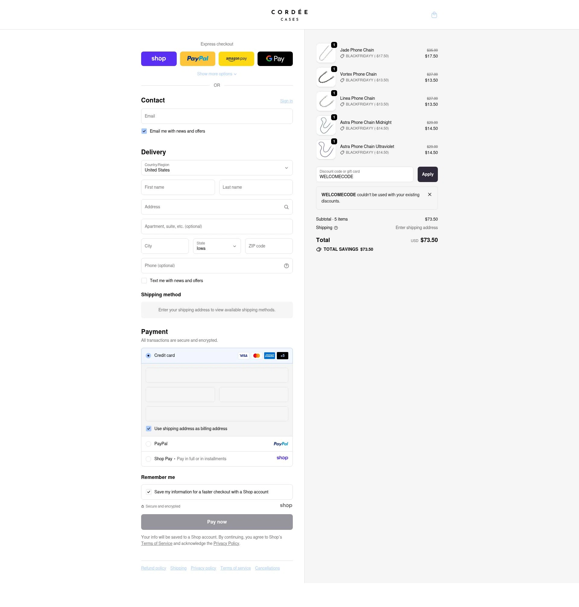 Cordee Cases checkout page showing Cordee Cases promo code box | Screenshot taken by SimplyCodes community member on Nov 25, 2025
