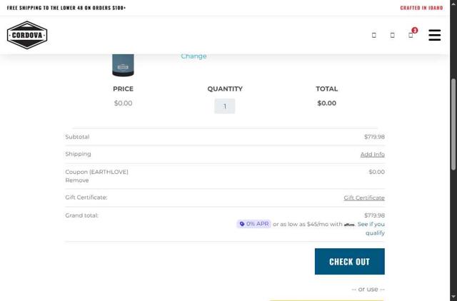 Cordova Outdoors checkout page showing Cordova Outdoors coupon code box | Screenshot taken by SimplyCodes community member on Aug 13, 2025
