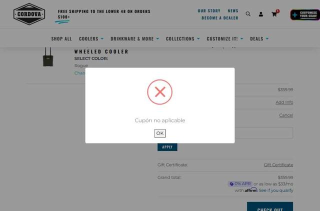 Cordova Outdoors checkout page showing Cordova Outdoors coupon code box | Screenshot taken by SimplyCodes community member on Aug 13, 2025