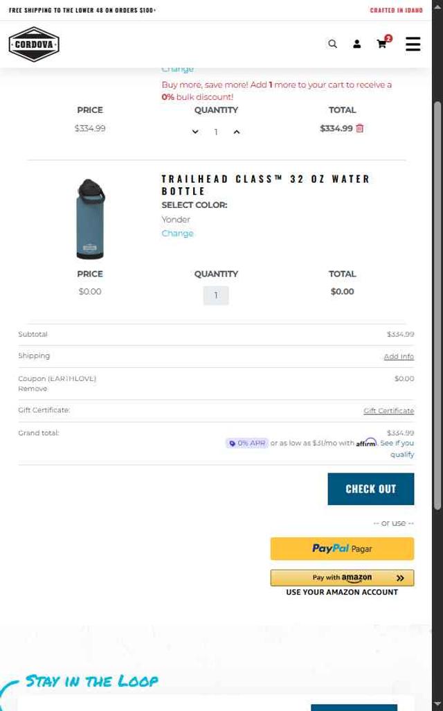 Cordova Outdoors checkout page showing Cordova Outdoors coupon code box | Screenshot taken by SimplyCodes community member on Jul 15, 2025