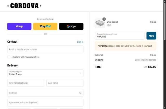 Cordova Outdoors checkout page showing Cordova Outdoors coupon code box | Screenshot taken by SimplyCodes community member on Sep 11, 2025