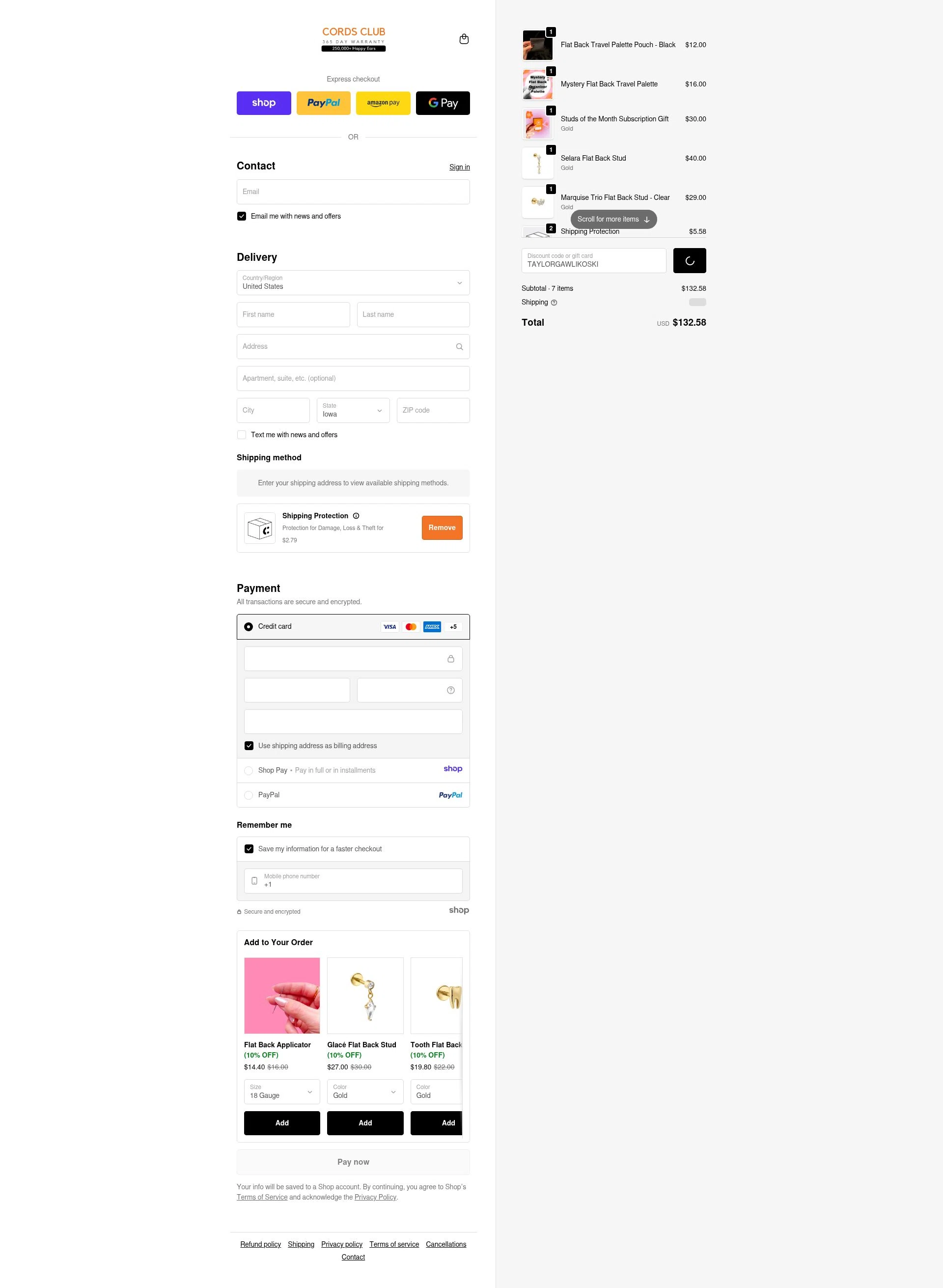 Cords Club checkout page showing Cords Club discount code box | Screenshot taken by SimplyCodes community member on Dec 27, 2025
