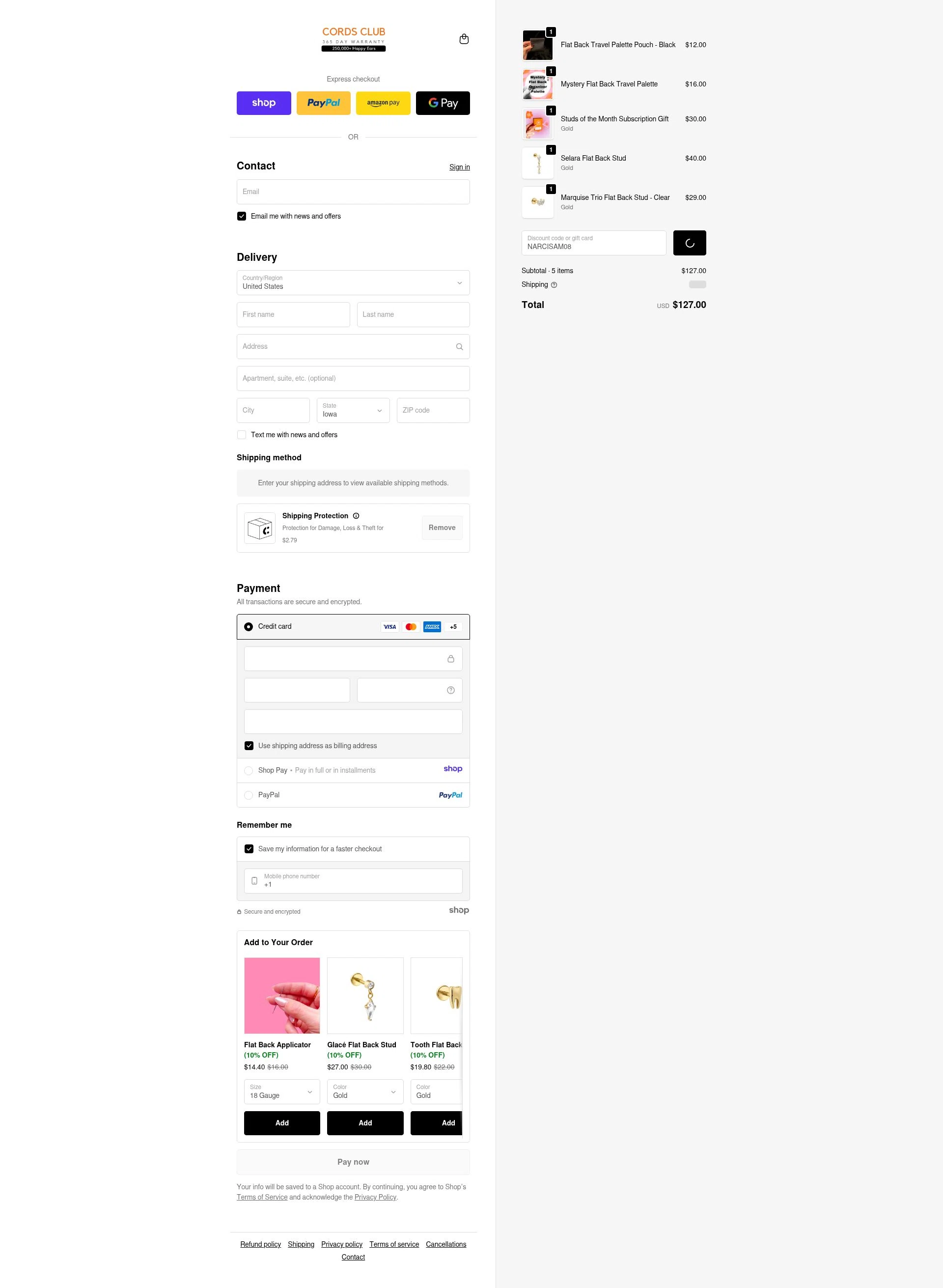 Cords Club checkout page showing Cords Club discount code box | Screenshot taken by SimplyCodes community member on Dec 27, 2025