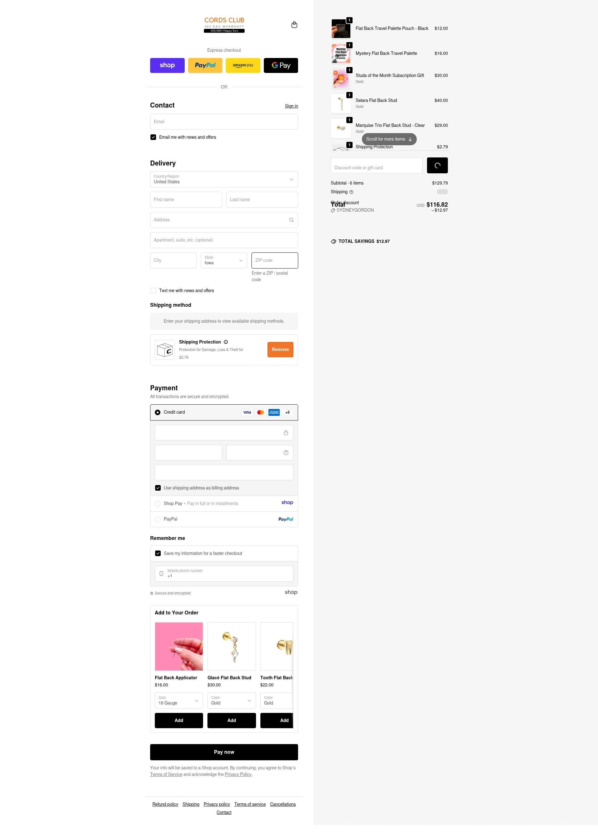 Cords Club checkout page showing Cords Club discount code box | Screenshot taken by SimplyCodes community member on Dec 27, 2025