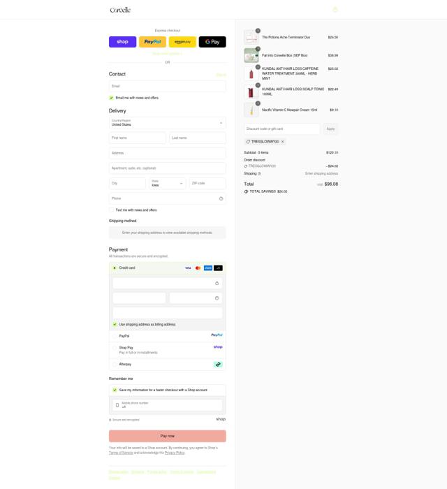 Coreelle checkout page showing Coreelle discount code box | Screenshot taken by SimplyCodes community member on Sep 12, 2025