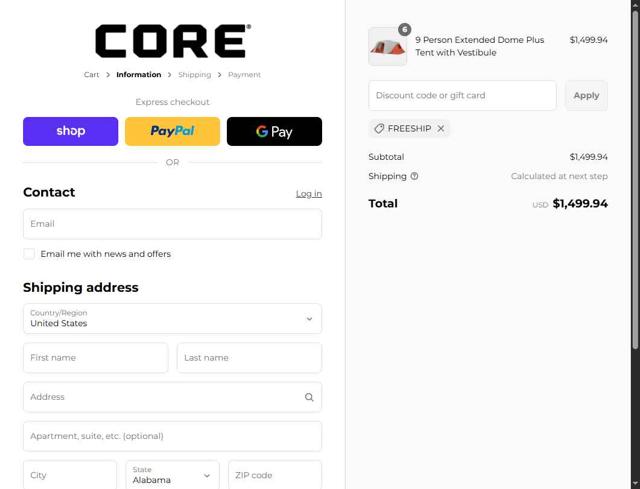 Core Equipment checkout page showing Core Equipment discount code box | Screenshot taken by SimplyCodes community member on Sep 4, 2025