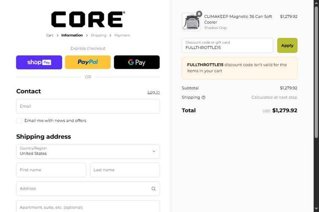 Core Equipment checkout page showing Core Equipment discount code box | Screenshot taken by SimplyCodes community member on Aug 27, 2025
