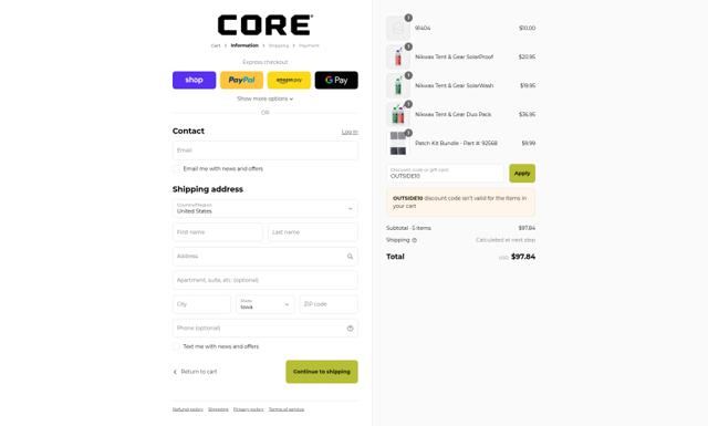 Core Equipment checkout page showing Core Equipment discount code box | Screenshot taken by SimplyCodes community member on Sep 4, 2025