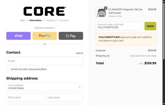 Core Equipment checkout page showing Core Equipment discount code box | Screenshot taken by SimplyCodes community member on Sep 4, 2025