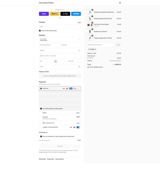 Core Home Fitness checkout page showing Core Home Fitness discount code box | Screenshot taken by SimplyCodes community member on Sep 6, 2025