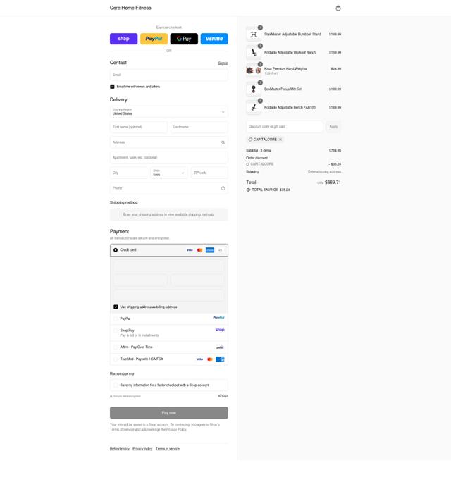 Core Home Fitness checkout page showing Core Home Fitness discount code box | Screenshot taken by SimplyCodes community member on Sep 10, 2025