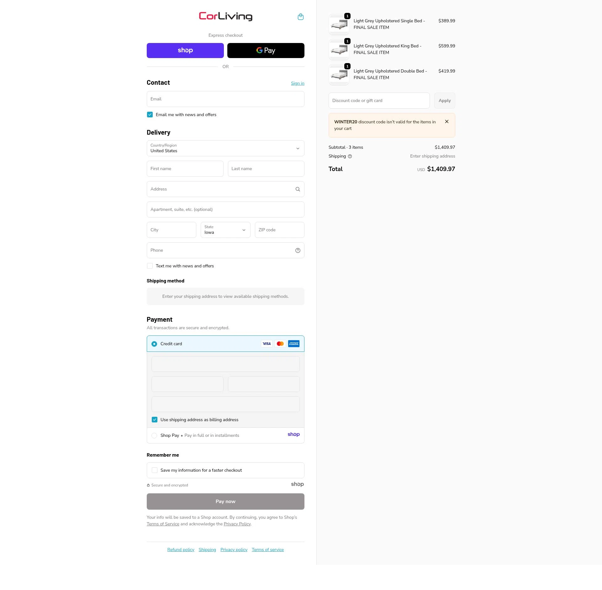 CorLiving checkout page showing CorLiving discount code box | Screenshot taken by SimplyCodes community member on Dec 28, 2025