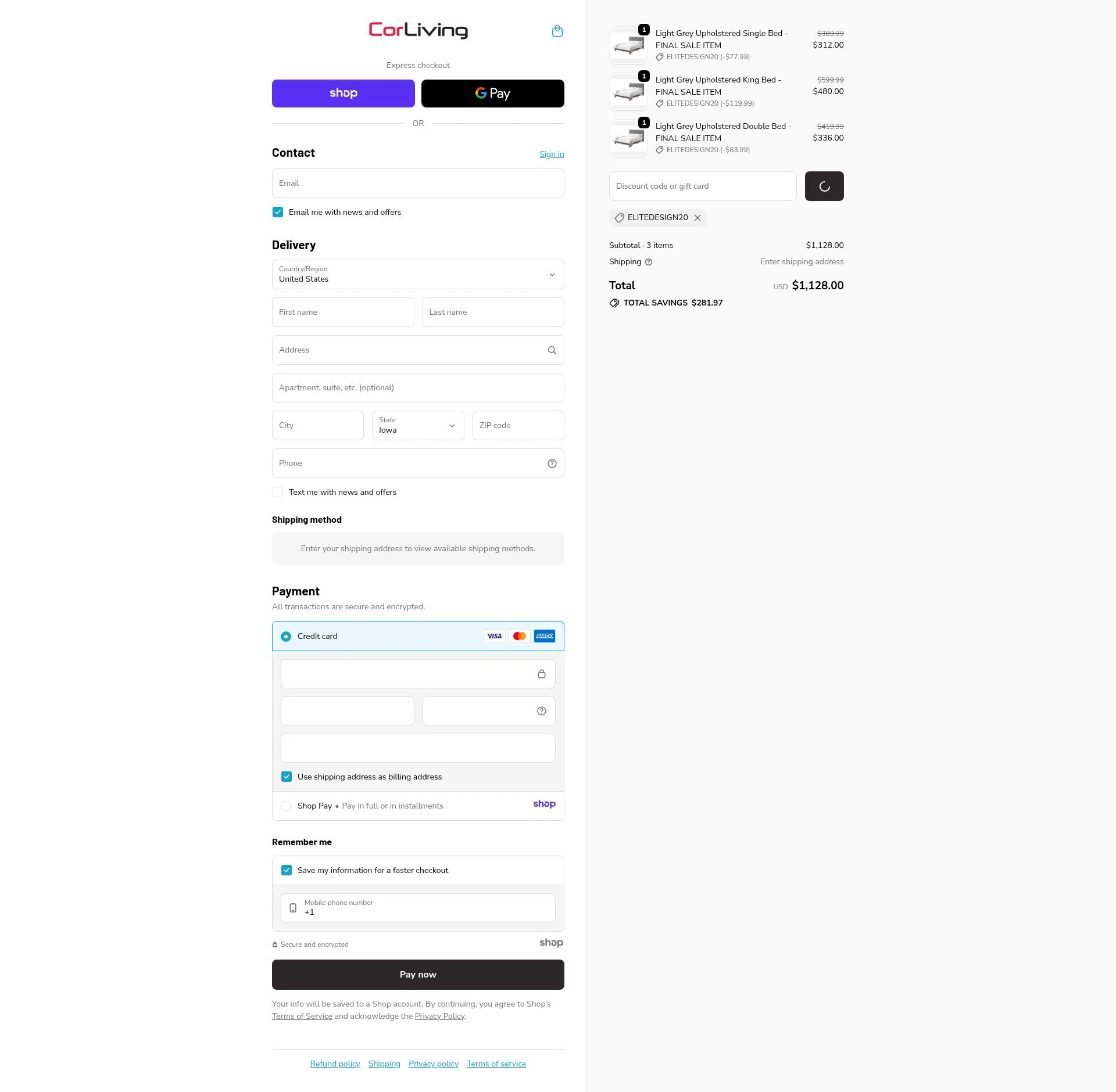 CorLiving checkout page showing CorLiving discount code box | Screenshot taken by SimplyCodes community member on Dec 28, 2025