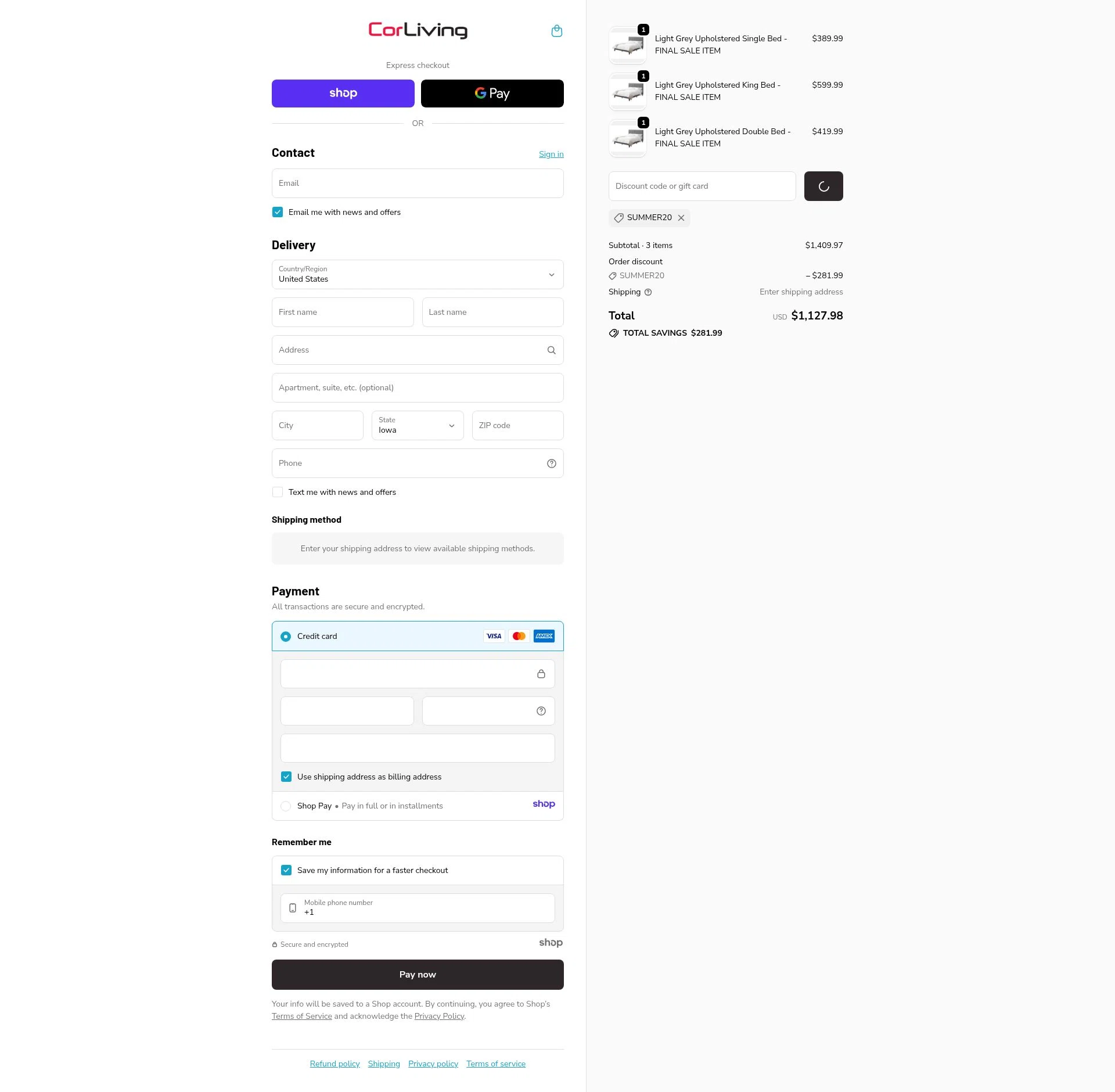 CorLiving checkout page showing CorLiving discount code box | Screenshot taken by SimplyCodes community member on Dec 23, 2025