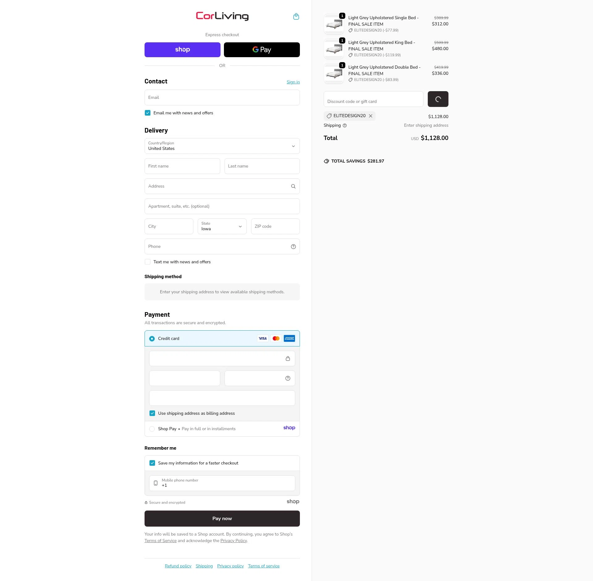 CorLiving checkout page showing CorLiving discount code box | Screenshot taken by SimplyCodes community member on Dec 23, 2025