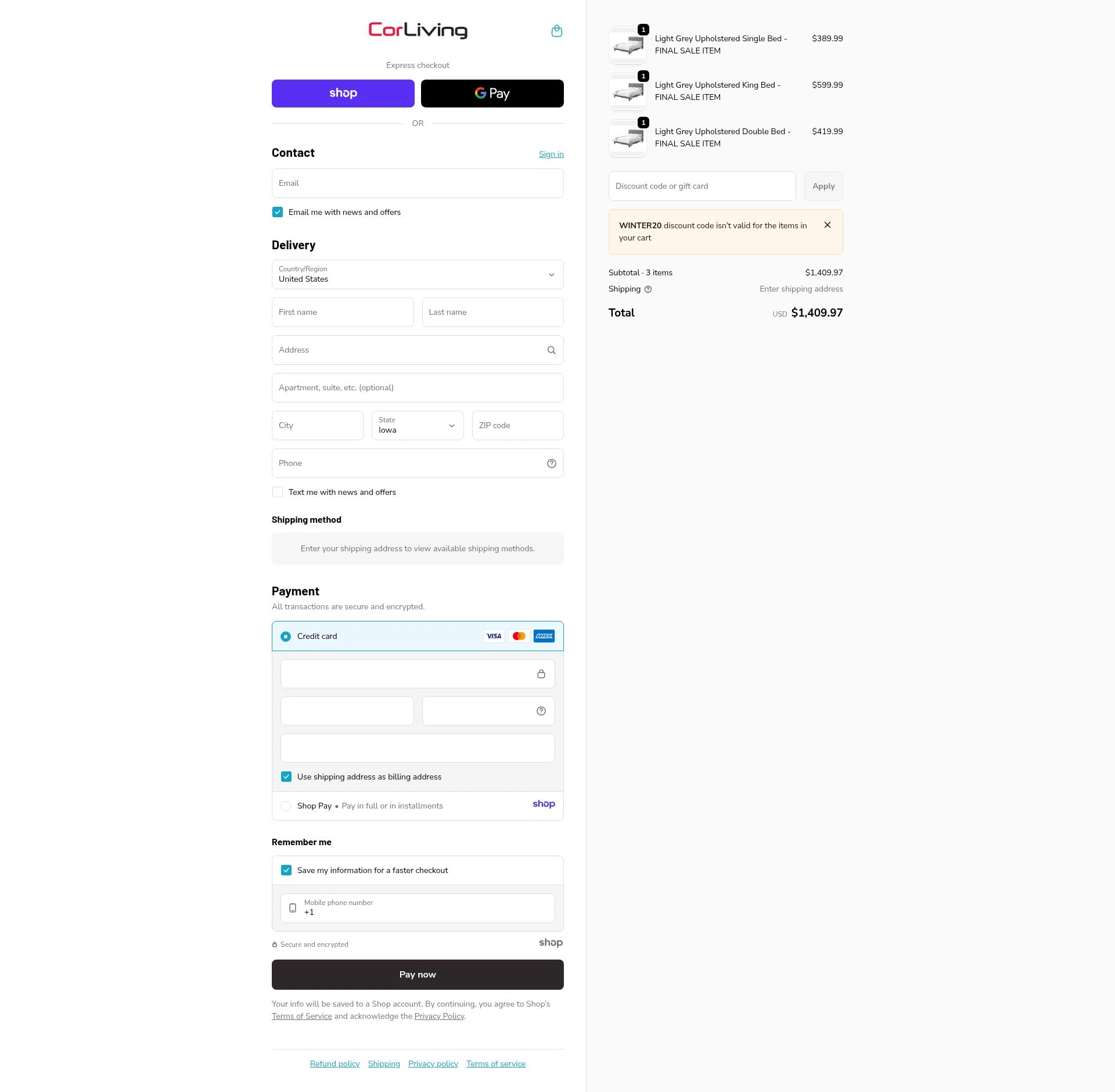 CorLiving checkout page showing CorLiving discount code box | Screenshot taken by SimplyCodes community member on Dec 23, 2025