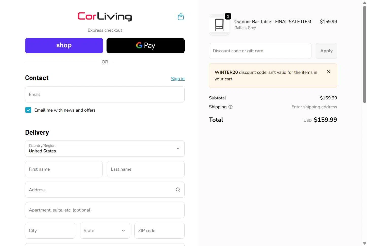 CorLiving checkout page showing CorLiving discount code box | Screenshot taken by SimplyCodes community member on Dec 16, 2025