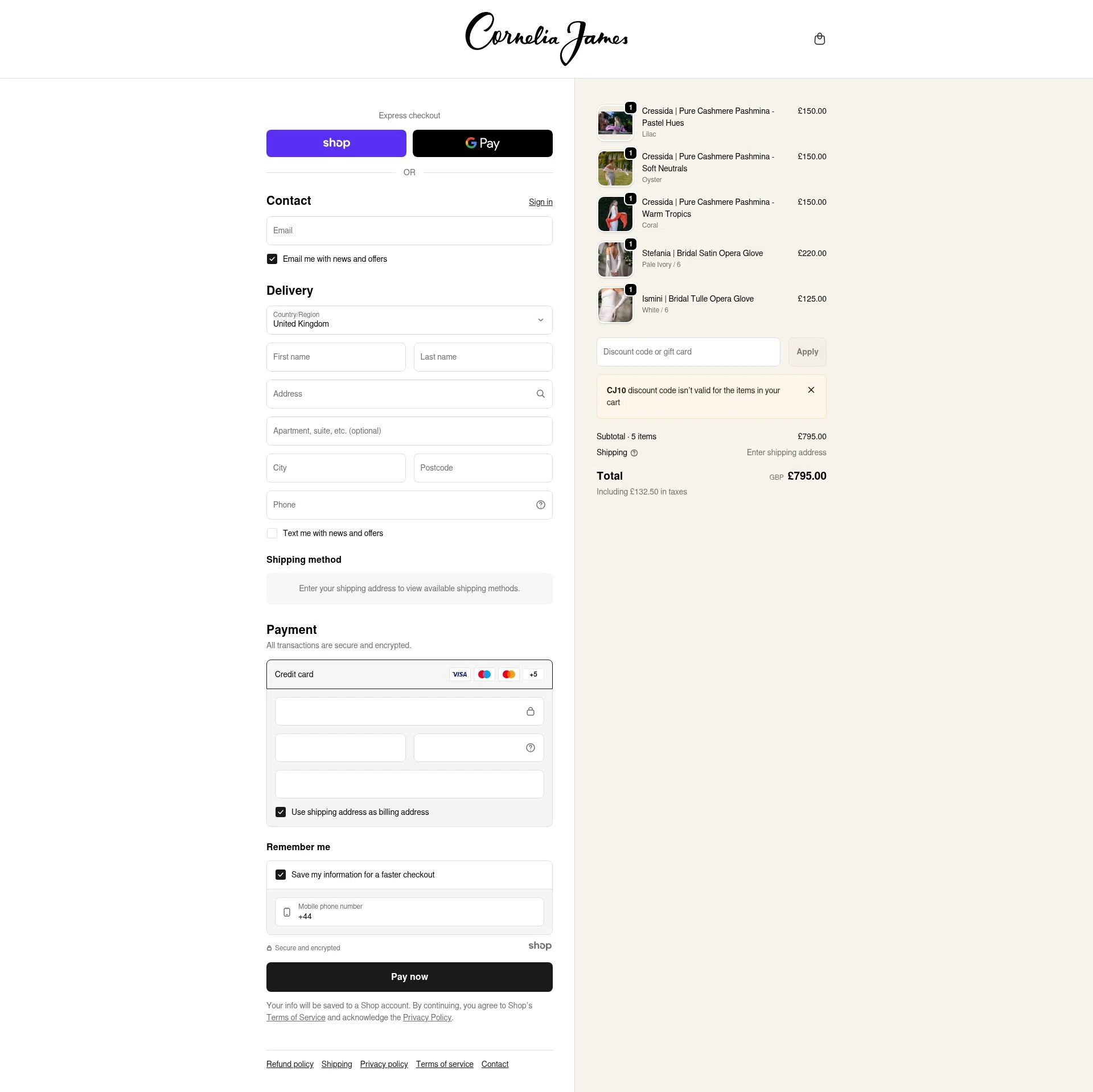 Cornelia James checkout page showing Cornelia James discount code box | Screenshot taken by SimplyCodes community member on Dec 22, 2025