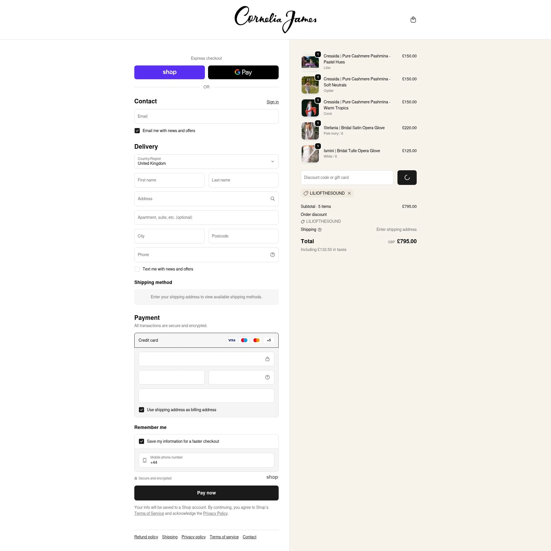 Cornelia James checkout page showing Cornelia James discount code box | Screenshot taken by SimplyCodes community member on Dec 27, 2025