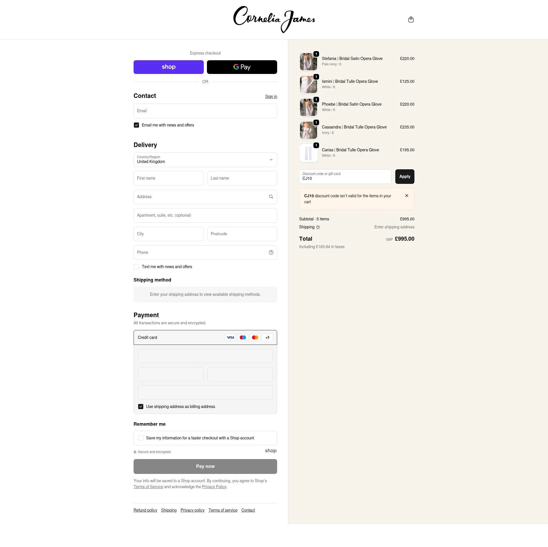 Cornelia James checkout page showing Cornelia James discount code box | Screenshot taken by SimplyCodes community member on Dec 9, 2025