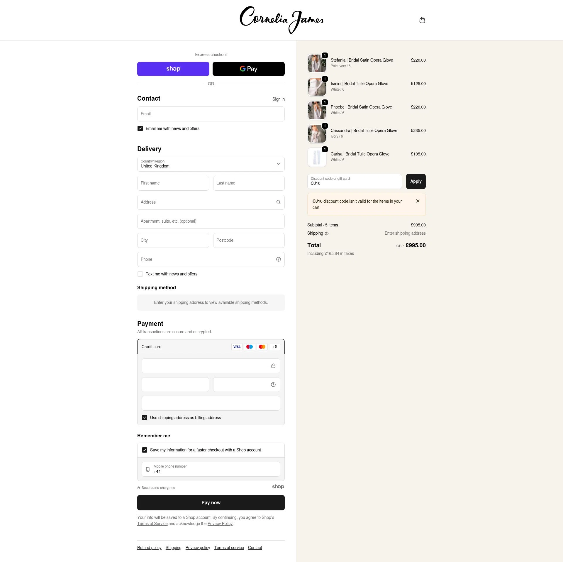 Cornelia James checkout page showing Cornelia James discount code box | Screenshot taken by SimplyCodes community member on Dec 3, 2025