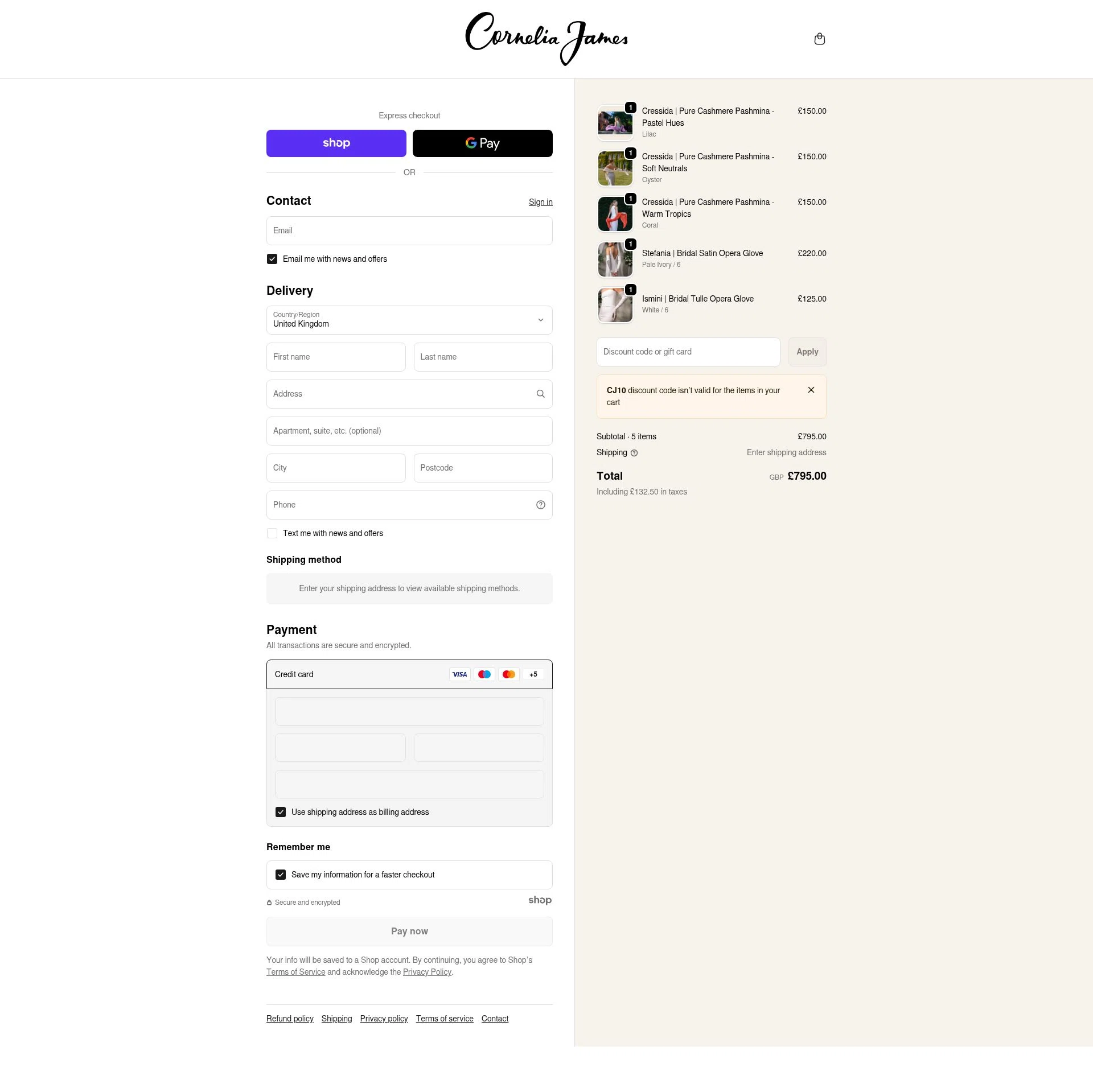 Cornelia James checkout page showing Cornelia James discount code box | Screenshot taken by SimplyCodes community member on Dec 27, 2025