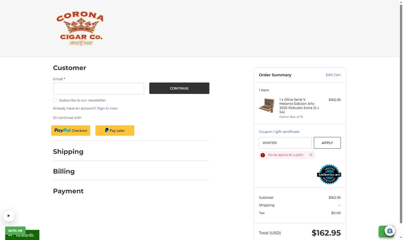 Corona Cigar checkout page showing Corona Cigar coupon code box | Screenshot taken by SimplyCodes community member on Jan 26, 2026