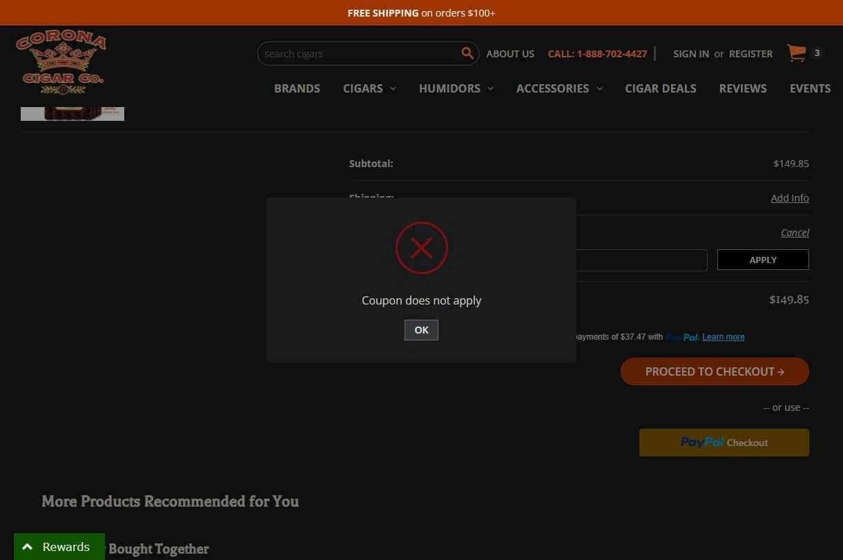 Corona Cigar checkout page showing Corona Cigar coupon code box | Screenshot taken by SimplyCodes community member on Feb 8, 2026