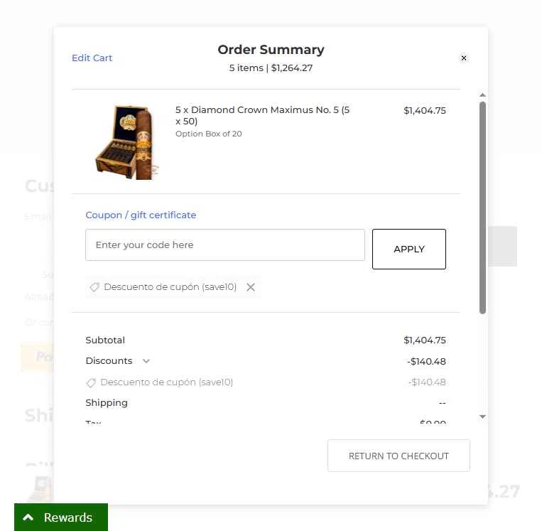 Corona Cigar checkout page showing Corona Cigar coupon code box | Screenshot taken by SimplyCodes community member on Jan 28, 2026