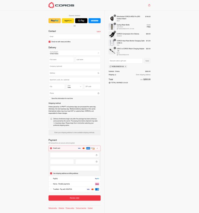 Coros checkout page showing Coros discount code box | Screenshot taken by SimplyCodes community member on Sep 4, 2025