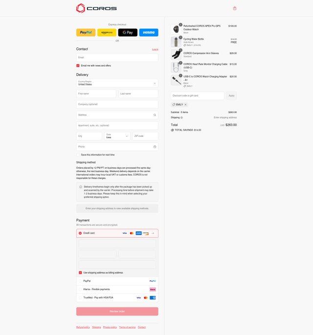 Coros checkout page showing Coros discount code box | Screenshot taken by SimplyCodes community member on Sep 4, 2025