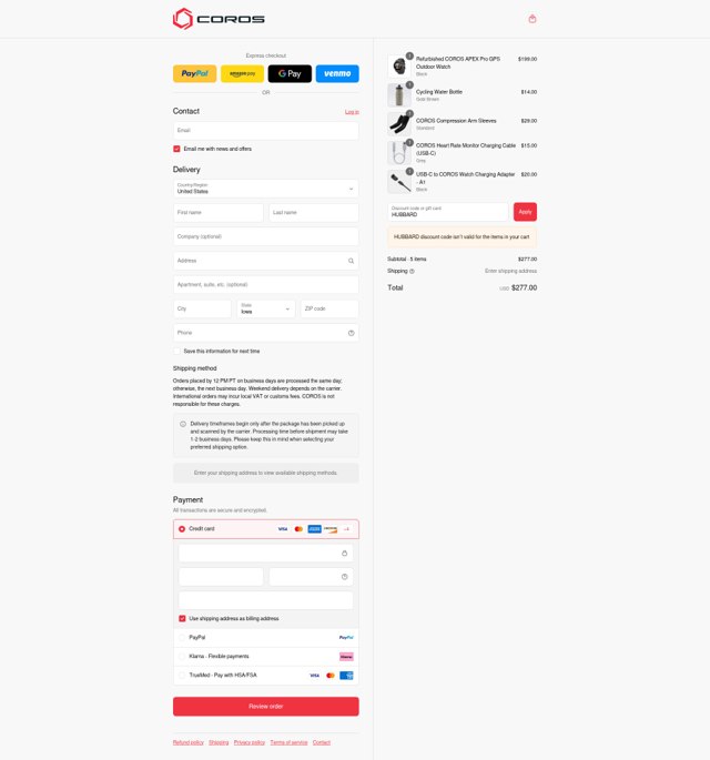 Coros checkout page showing Coros discount code box | Screenshot taken by SimplyCodes community member on Sep 4, 2025