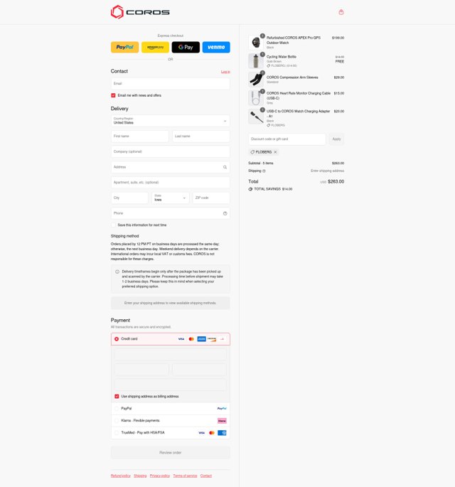 Coros checkout page showing Coros discount code box | Screenshot taken by SimplyCodes community member on Sep 4, 2025