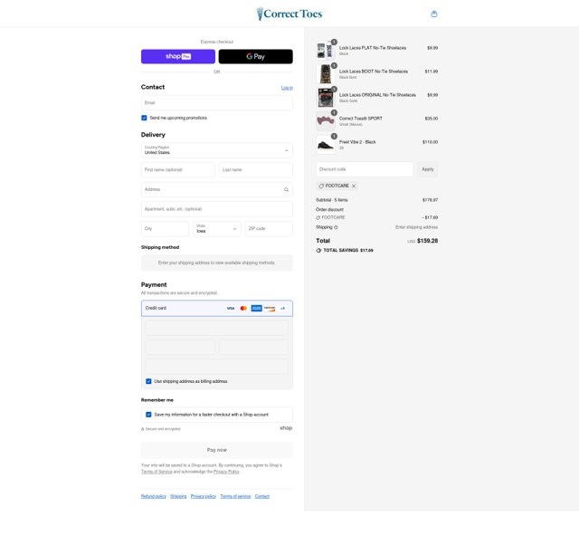 Correct Toes checkout page showing Correct Toes promo code box | Screenshot taken by SimplyCodes community member on Aug 21, 2025