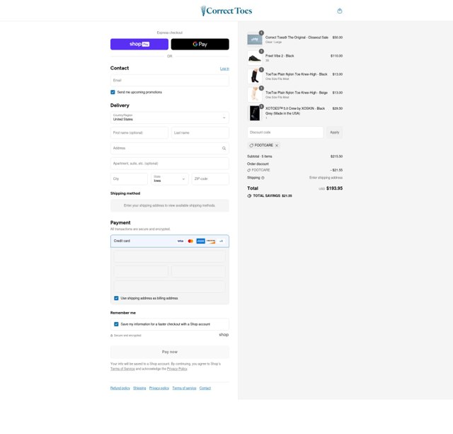 Correct Toes checkout page showing Correct Toes promo code box | Screenshot taken by SimplyCodes community member on Aug 8, 2025