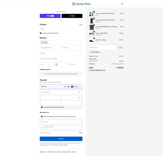 Correct Toes checkout page showing Correct Toes promo code box | Screenshot taken by SimplyCodes community member on Aug 16, 2025