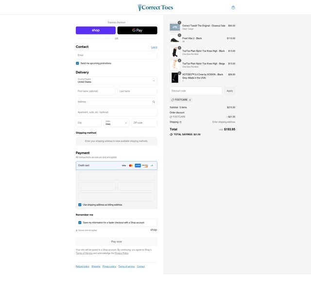 Correct Toes checkout page showing Correct Toes promo code box | Screenshot taken by SimplyCodes community member on Aug 12, 2025