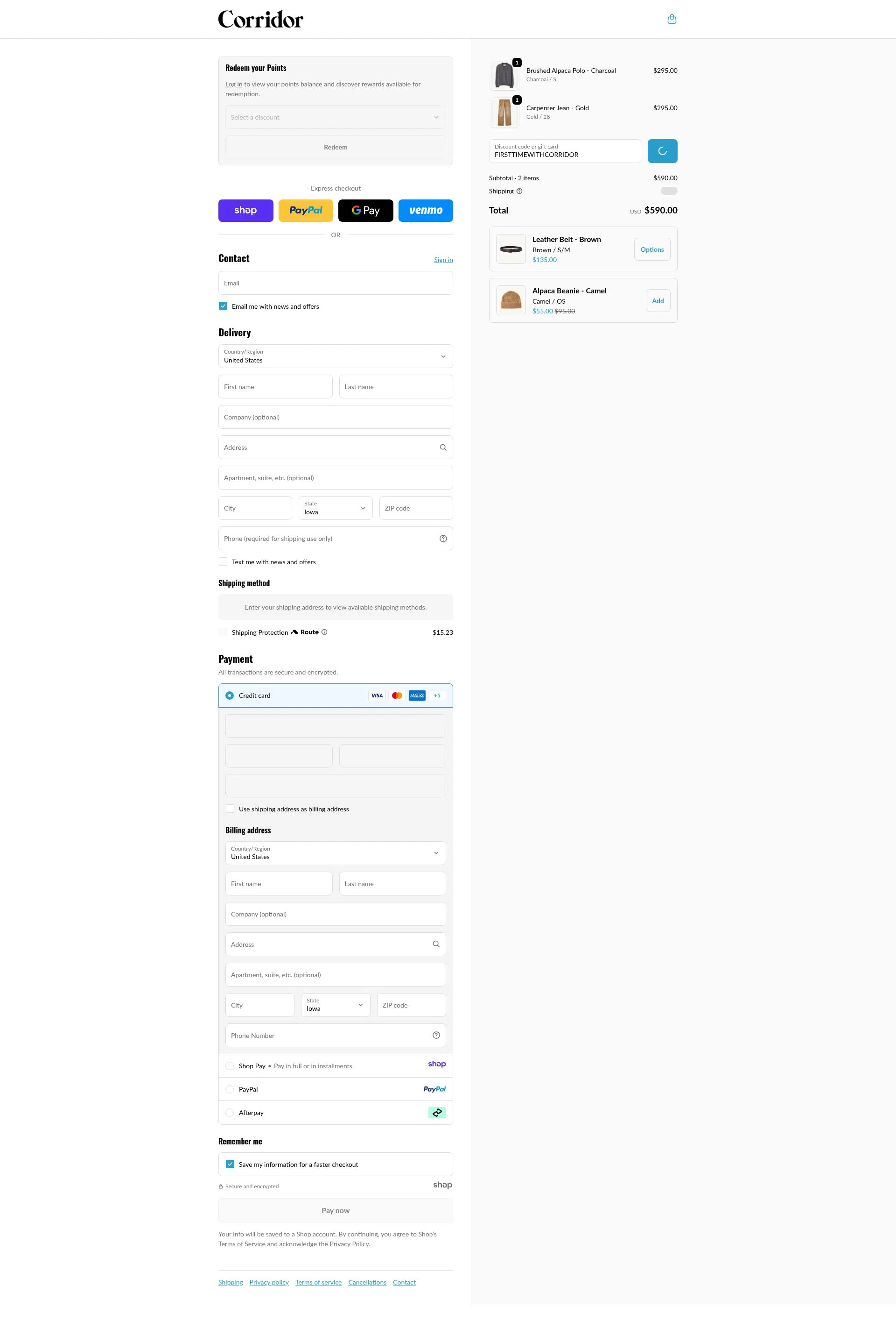 Corridor NYC checkout page showing Corridor NYC discount code box | Screenshot taken by SimplyCodes community member on Jan 13, 2026