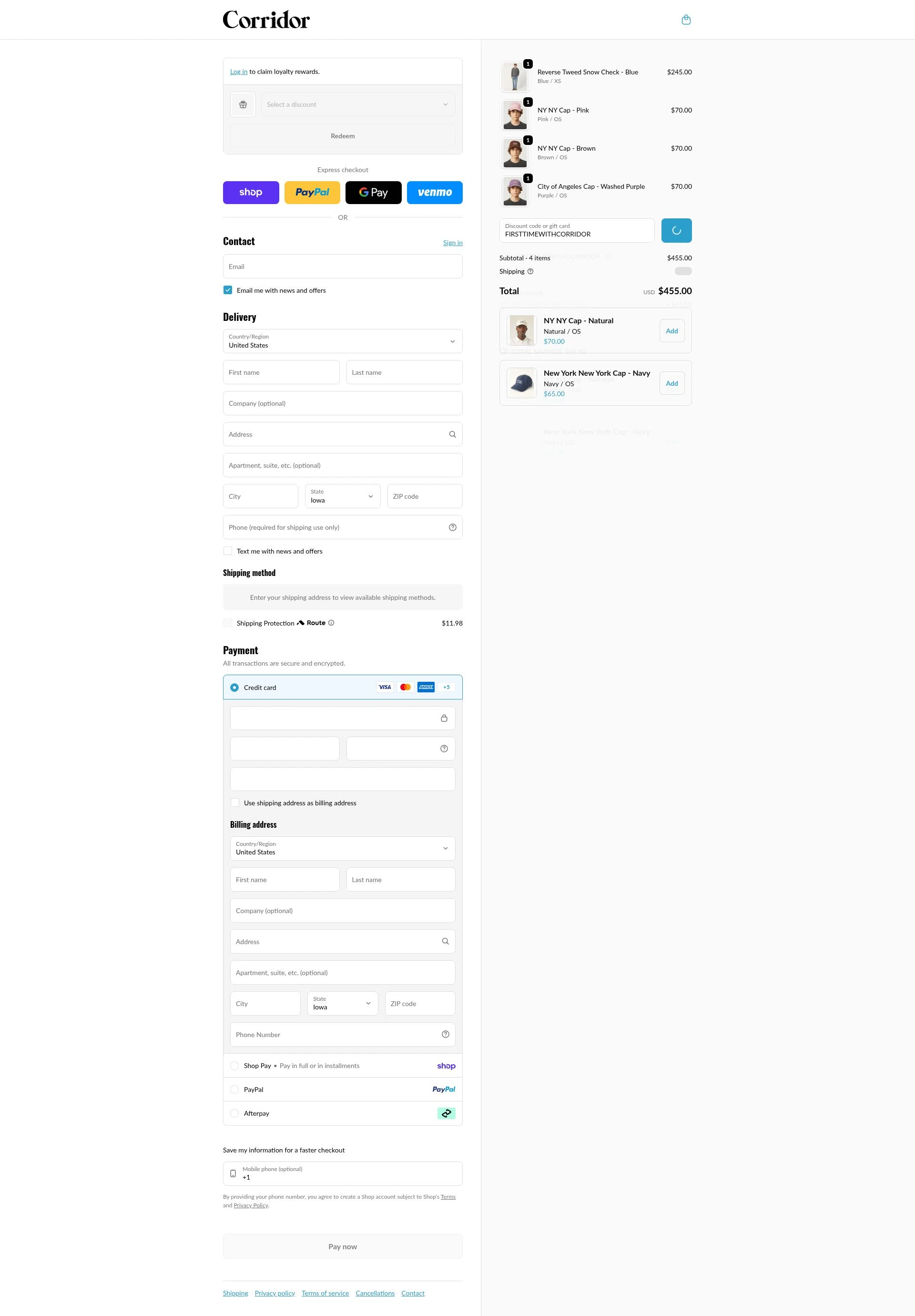 Corridor NYC checkout page showing Corridor NYC discount code box | Screenshot taken by SimplyCodes community member on Feb 10, 2026