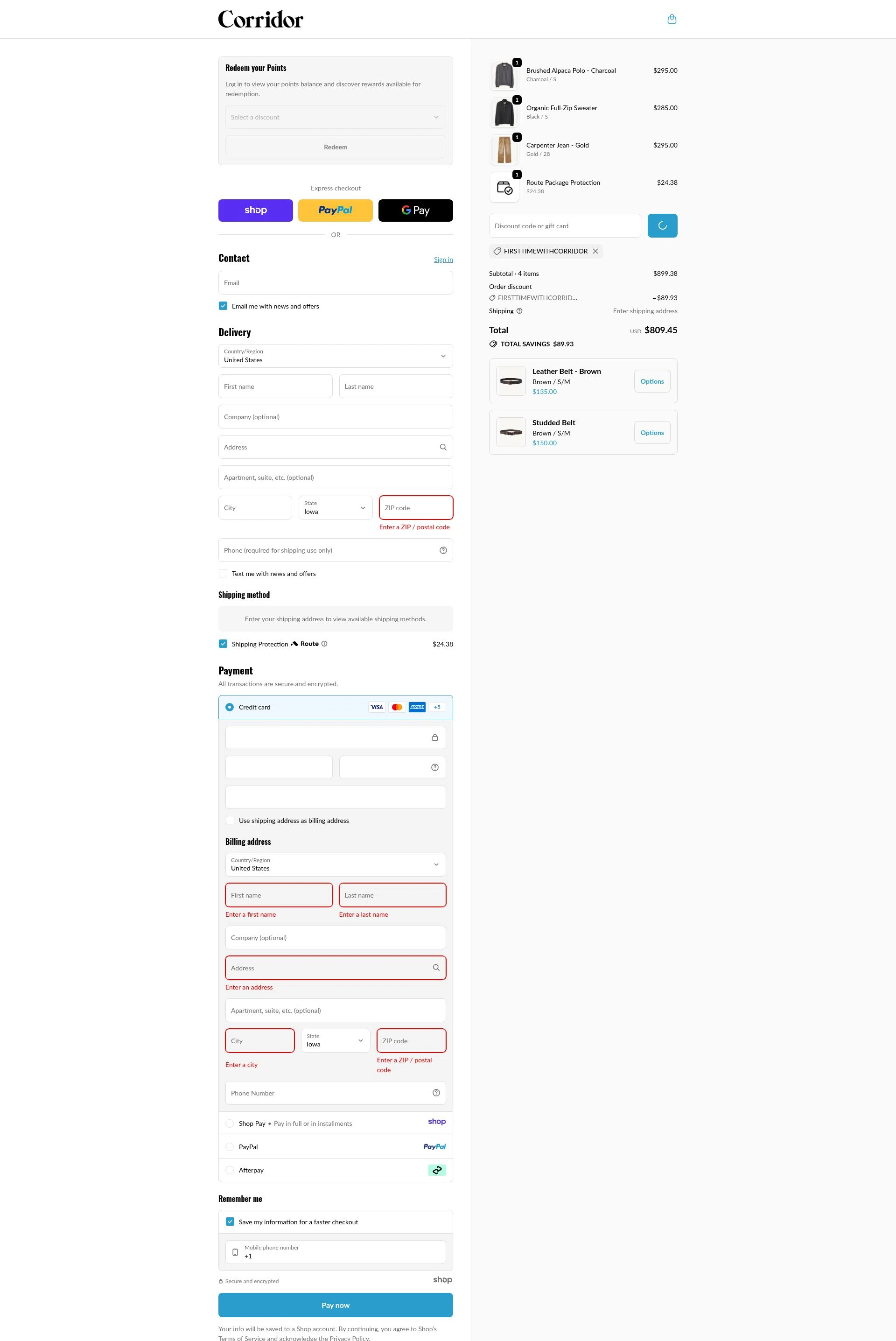Corridor NYC checkout page showing Corridor NYC discount code box | Screenshot taken by SimplyCodes community member on Jan 3, 2026