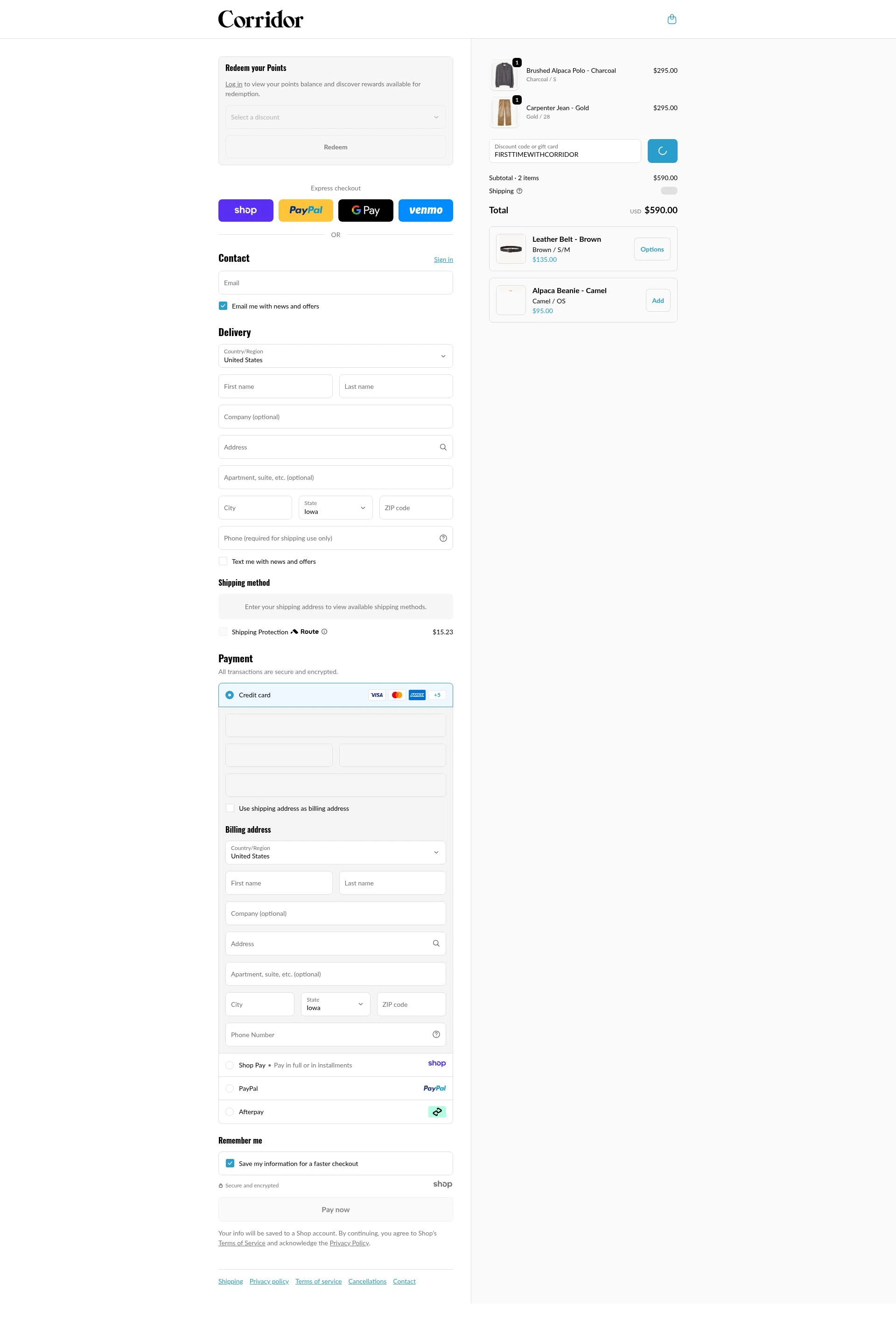 Corridor NYC checkout page showing Corridor NYC discount code box | Screenshot taken by SimplyCodes community member on Jan 8, 2026