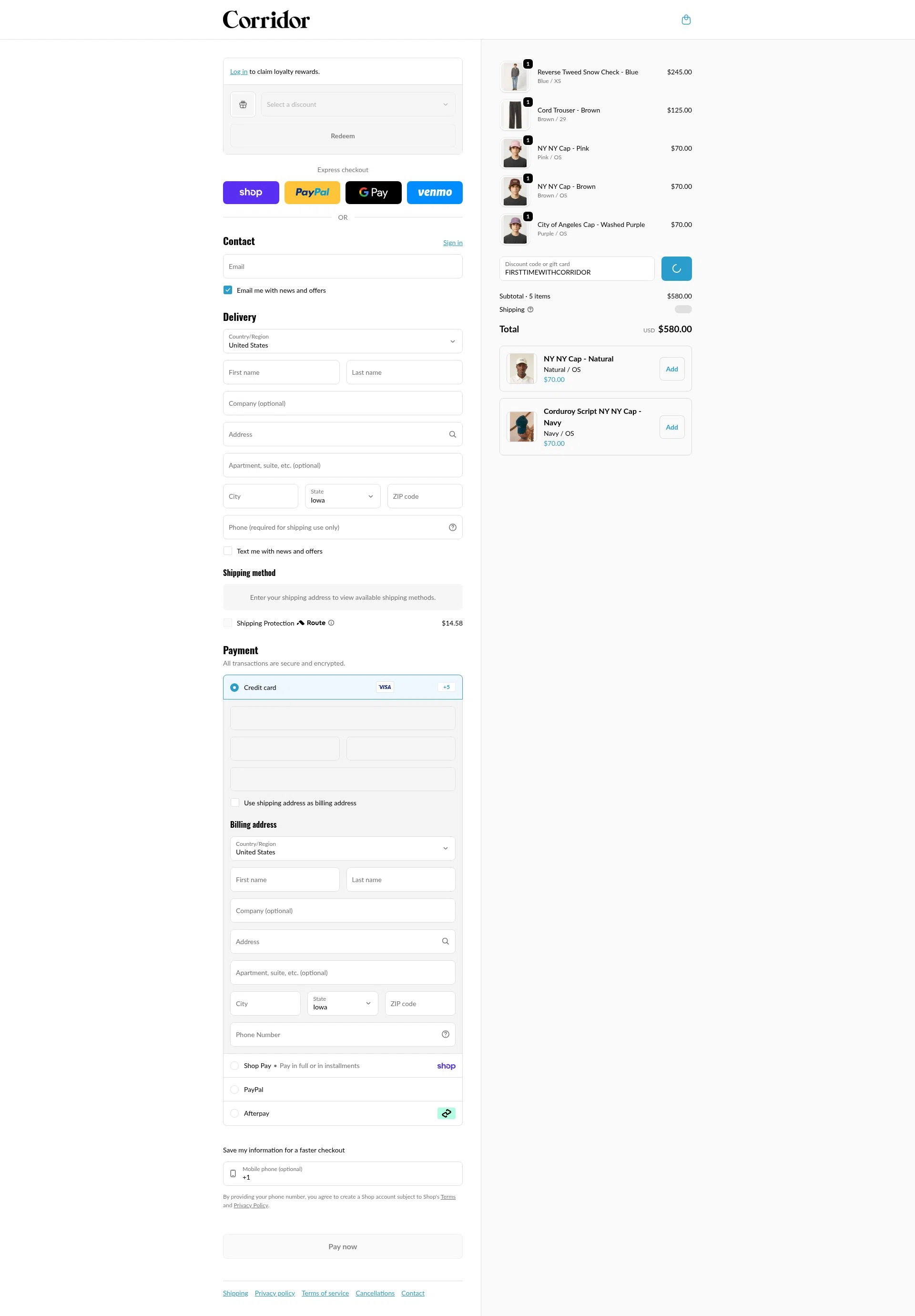 Corridor NYC checkout page showing Corridor NYC discount code box | Screenshot taken by SimplyCodes community member on Feb 1, 2026
