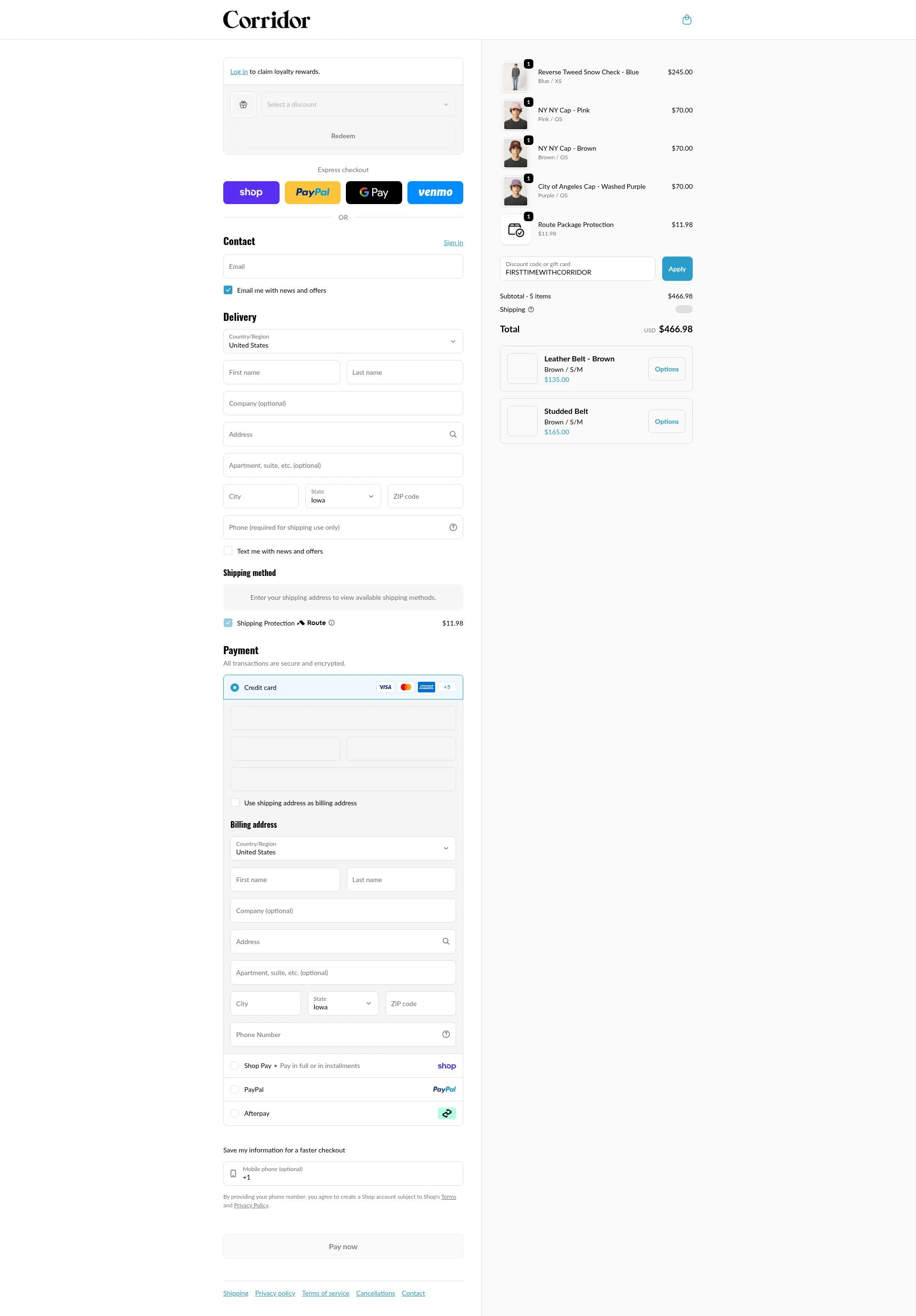 Corridor NYC checkout page showing Corridor NYC discount code box | Screenshot taken by SimplyCodes community member on Feb 6, 2026