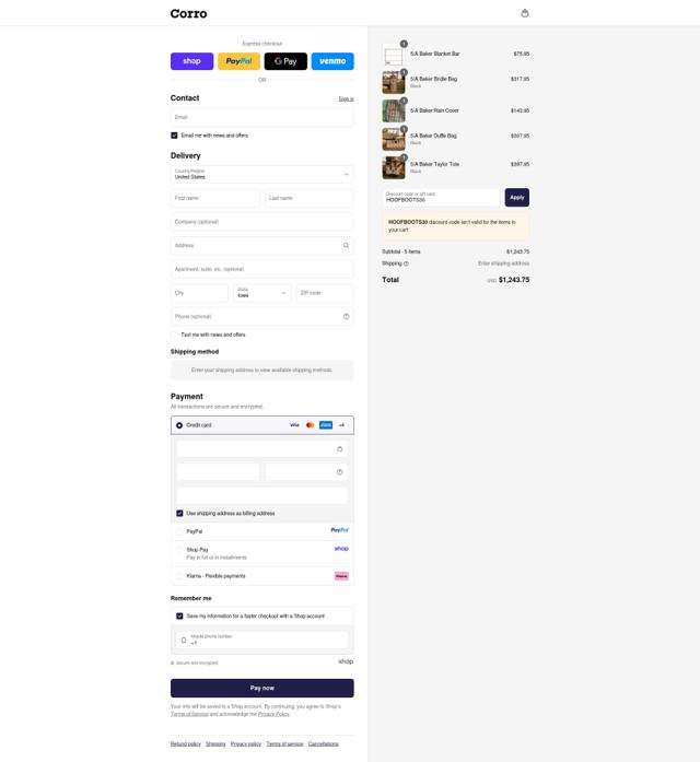 Corro checkout page showing Corro promo code box | Screenshot taken by SimplyCodes community member on Sep 14, 2025