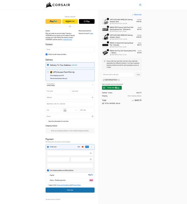 Corsair checkout page showing Corsair discount code box | Screenshot taken by SimplyCodes community member on Sep 24, 2025