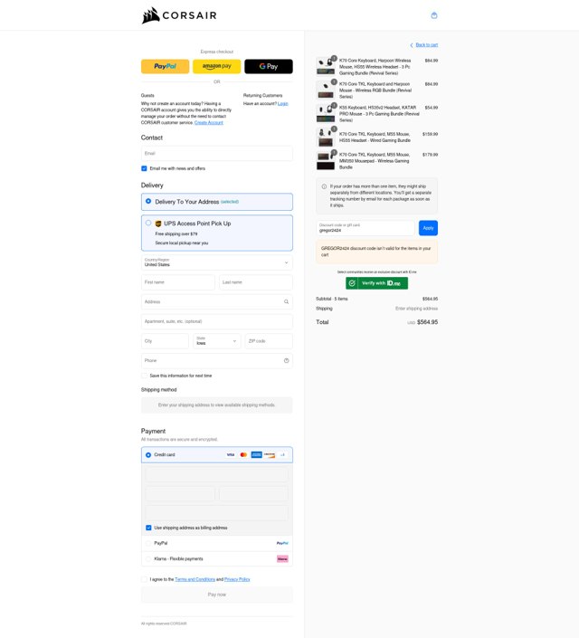 Corsair checkout page showing Corsair discount code box | Screenshot taken by SimplyCodes community member on Sep 3, 2025